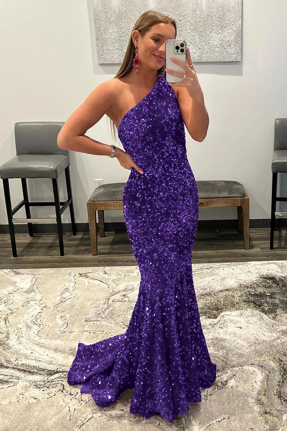Long Prom Dress with Burgundy Mermaid Sequins