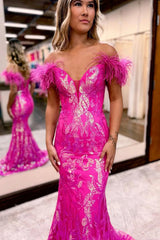 Fuchsia Long Prom Dress with Feathers in a Mermaid Off-the-Shoulder Style