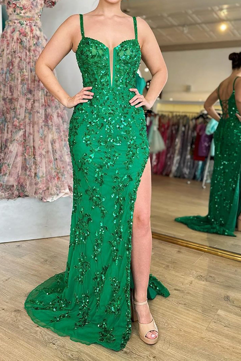 Long Blue Sparkly Prom Dress with Sheath Silhouette and Sequined Slit
