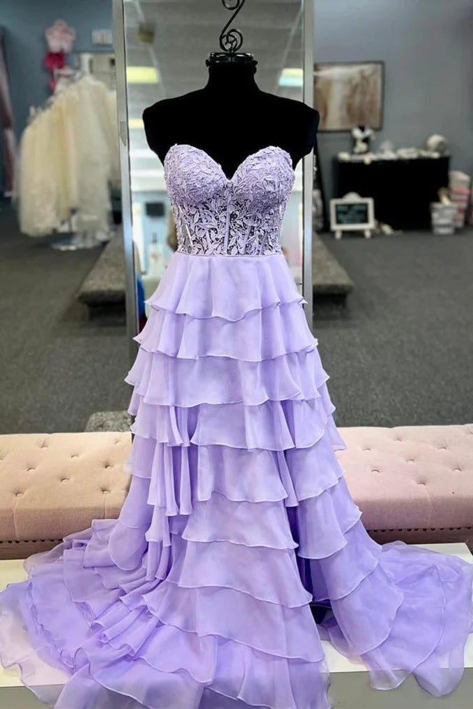 Light Blue Long Tiered Chiffon Prom Dress with Appliques in a Sweetheart A-Line