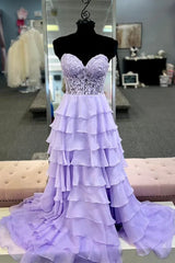 Lilac Long Corset Prom Dress with Ruffles and Sweetheart Neckline