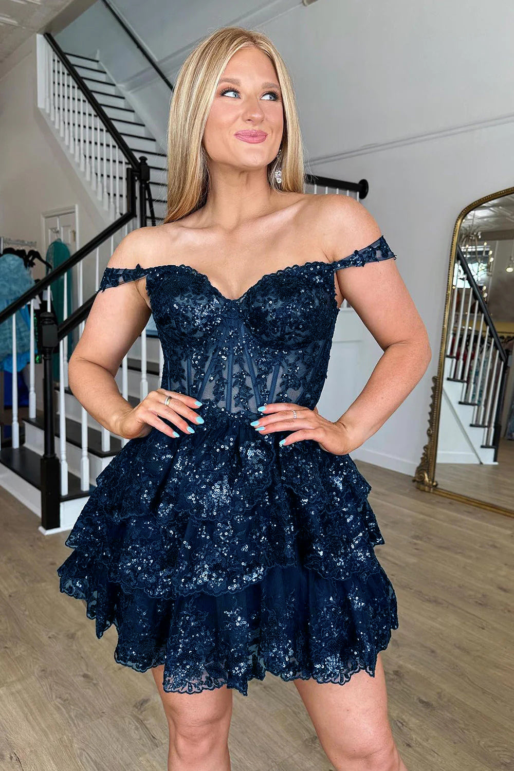 Sparkly Grey A-Line Tiered Lace Short Homecoming Dress/Mini Dress