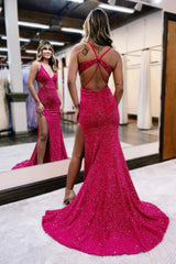 Fuchsia Sequined Long Prom Dress with Mermaid V Neck and Open Back