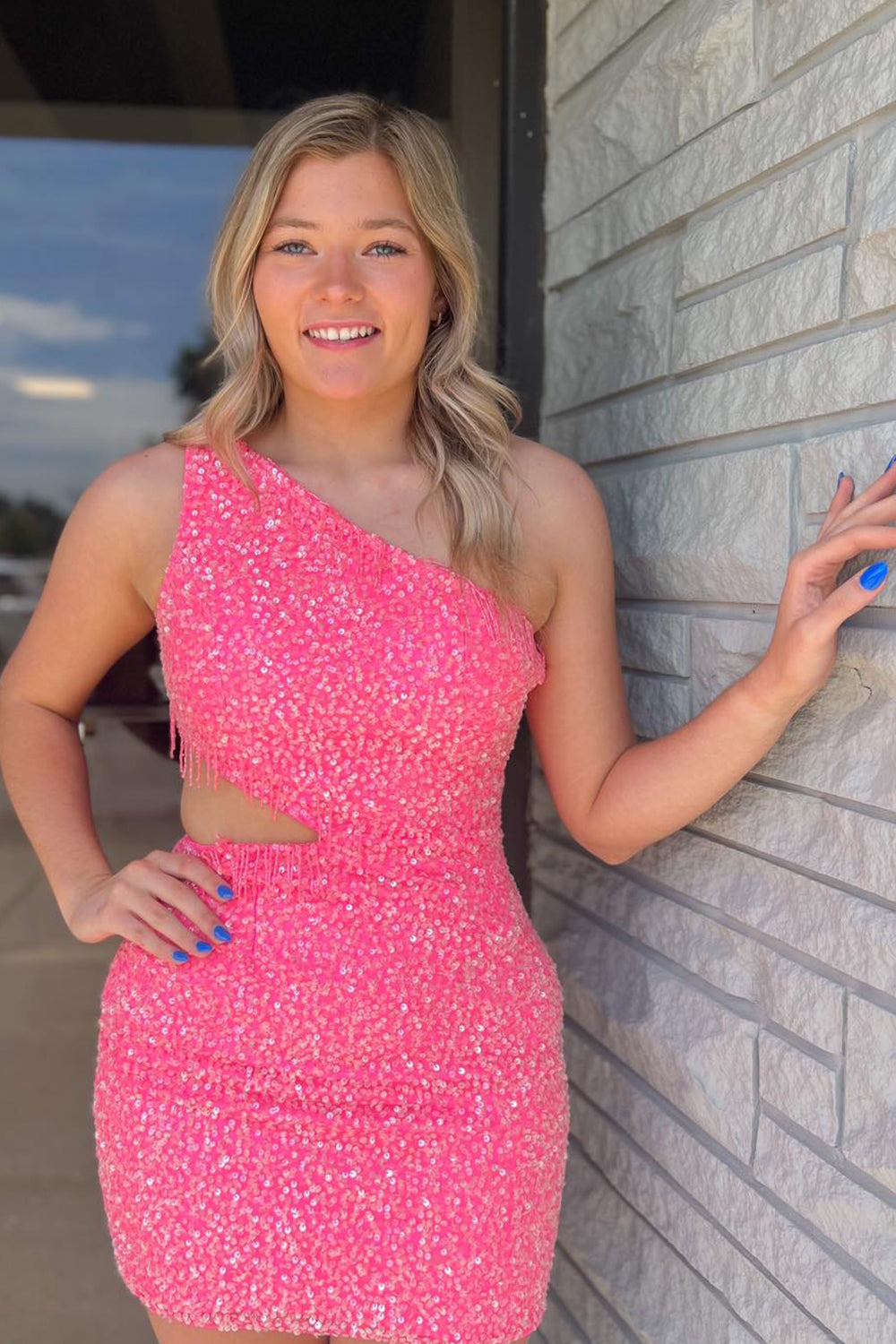 Sparkly Champagne Sequined Cut Out Tight Short Homecoming Dress/Mini Dress with Fringes