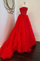 Red Long Prom Dress with Ruffles Appliques and Princess A-Line Spaghetti Straps