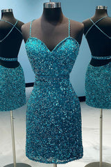Turquoise Spaghetti Straps Sequins Homecoming Dress/Mini Dress