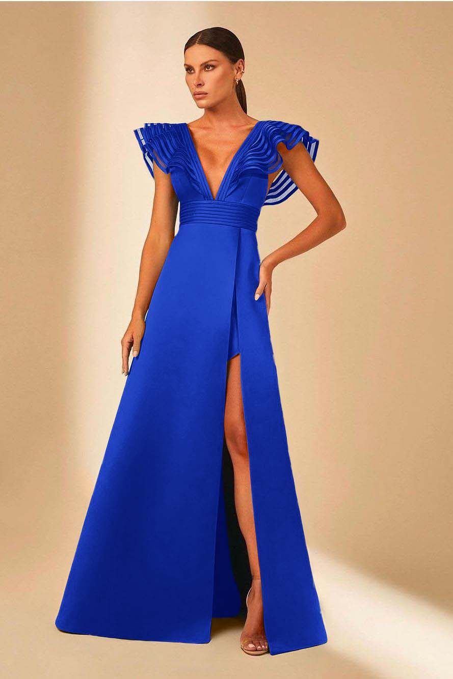 Deep V Neck Sleeveless A Line Long Formal Dress With Front Split