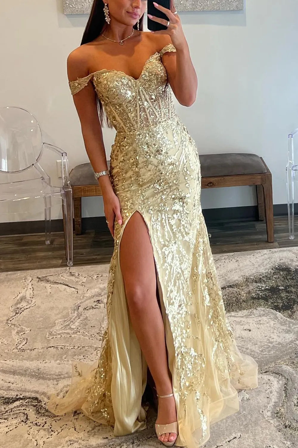 Golden Sparkle Mermaid Prom Dress with Shoulder Slit and Sequins