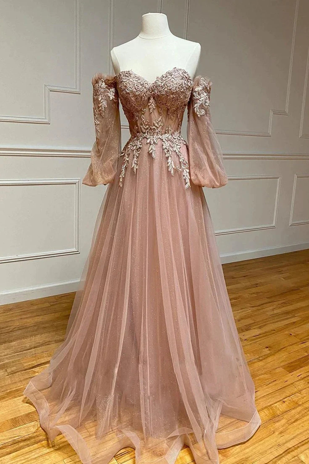 Blush Long Prom Dress with Appliques in an Off-the-Shoulder A-Line Design