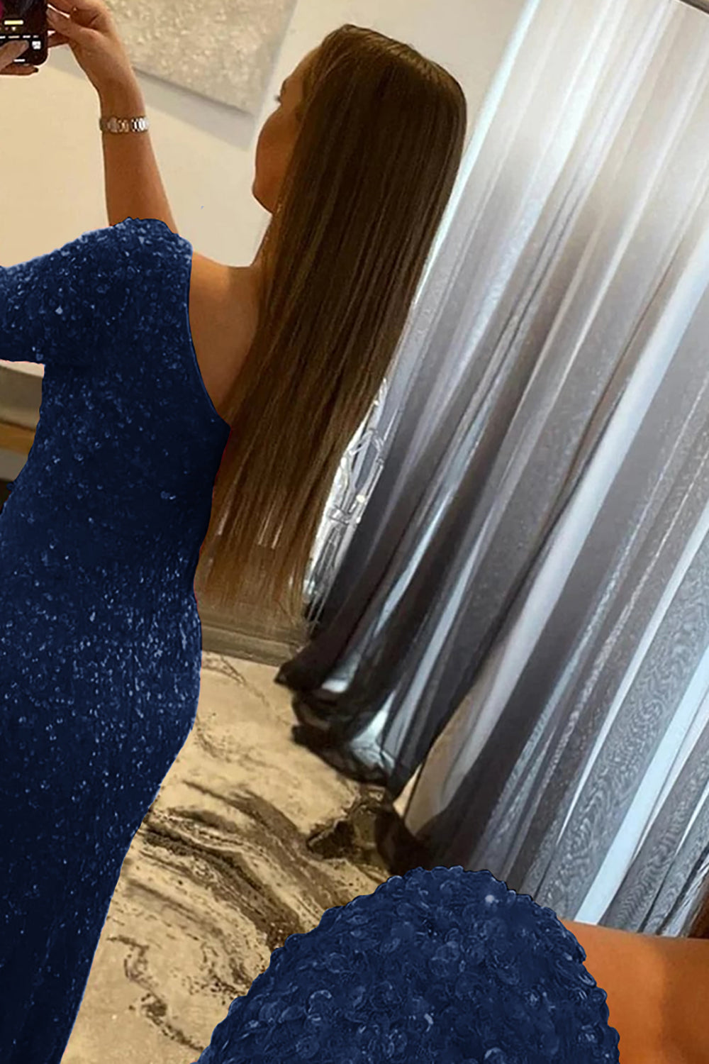 Sequined Prom Dress with a Single Shoulder in Pink