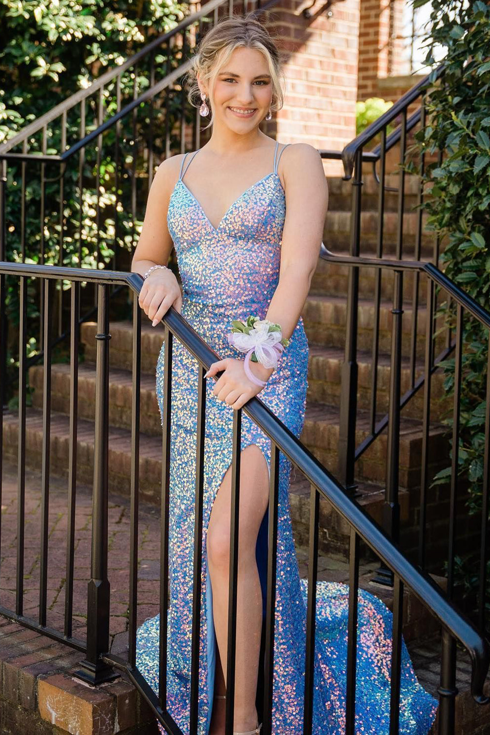 Mermaid Prom Dress in Light Blue with Sequins Spaghetti Straps and Slit