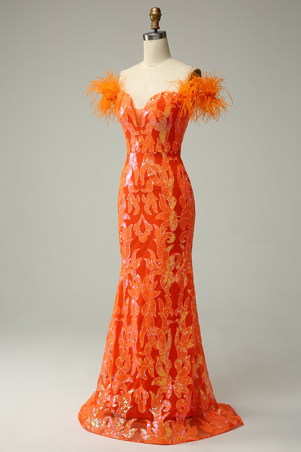 Orange Long Prom Dress with Feathers 鈥?Off-the-Shoulder Mermaid Style