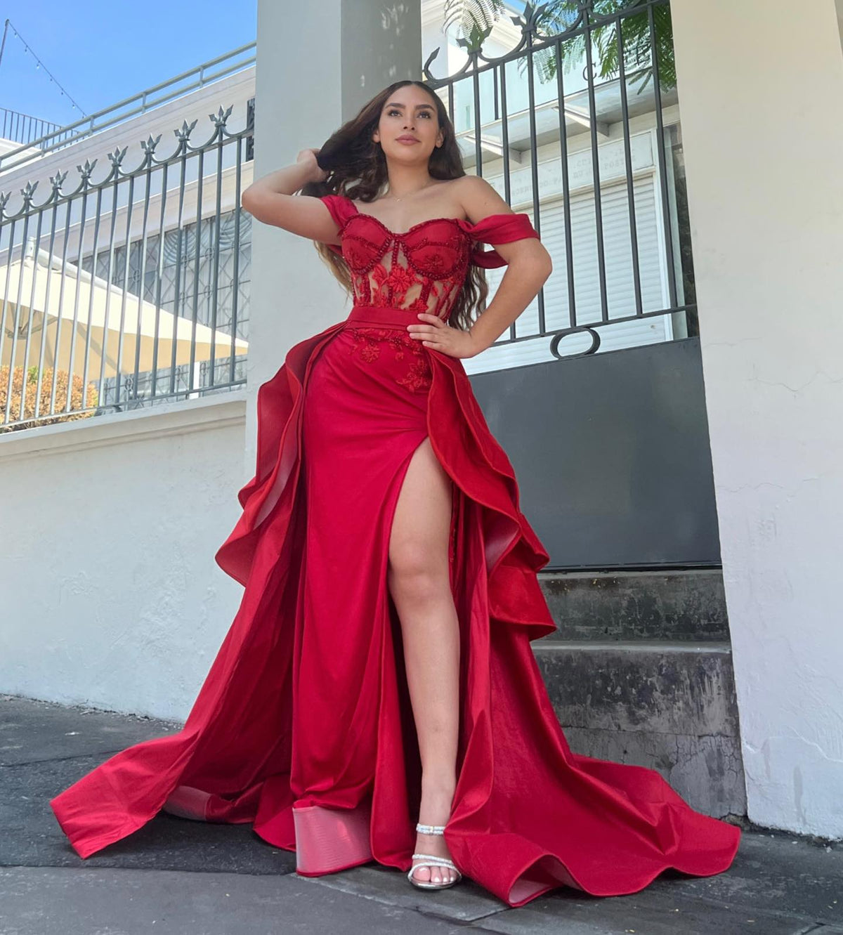 Off-The-Shoulder Sleeveless Long Split Formal Dress With Embroidery And Ruffles