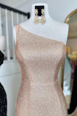 Champagne One-Shoulder Beaded Prom Dress with Mermaid Silhouette and Slit