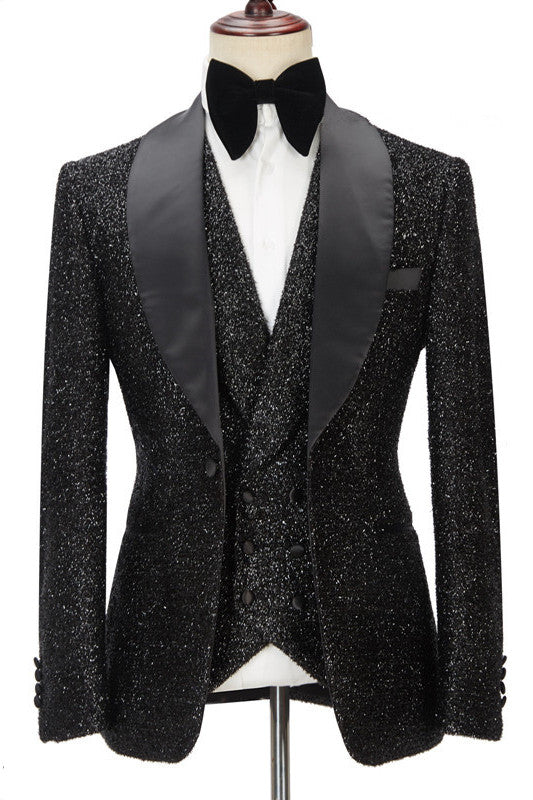 Popular Black Three-Piece Lapel Groomsmen Tuxedos with Sparkly Shawl