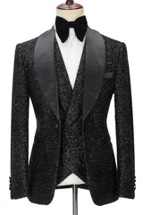 Popular Black Three-Piece Lapel Groomsmen Tuxedos with Sparkly Shawl