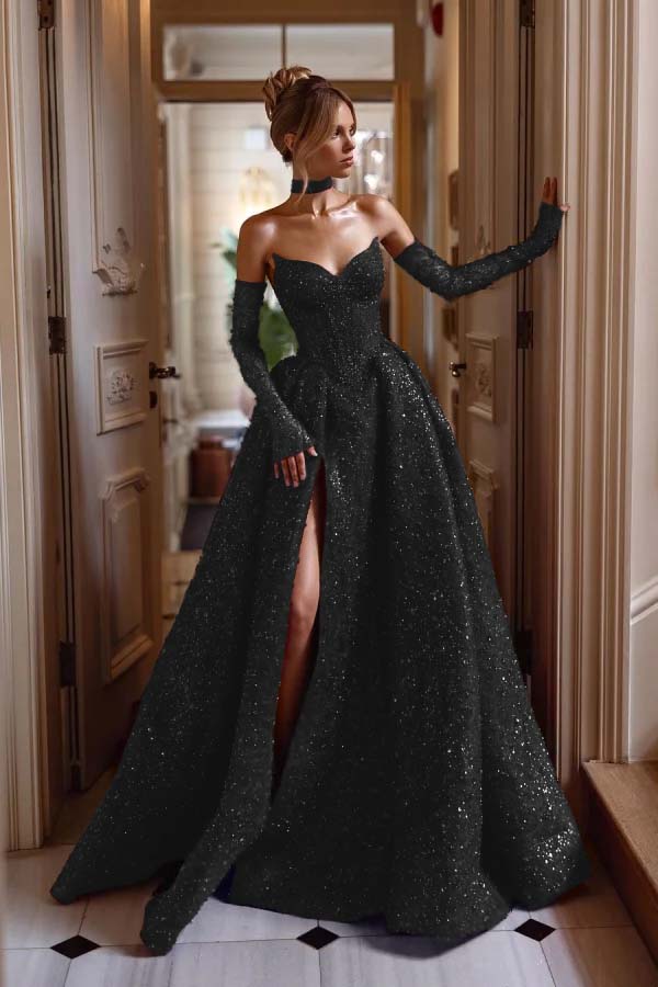 Strapless Sleeveless Long Split Formal Dress With Sequins Detachable sleeves