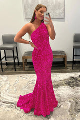 Sequined One-Shoulder Long Prom Dress with Mermaid Glitter