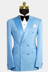 Blue Double-Breasted Wedding Suit for Men with Peaked Lapel
