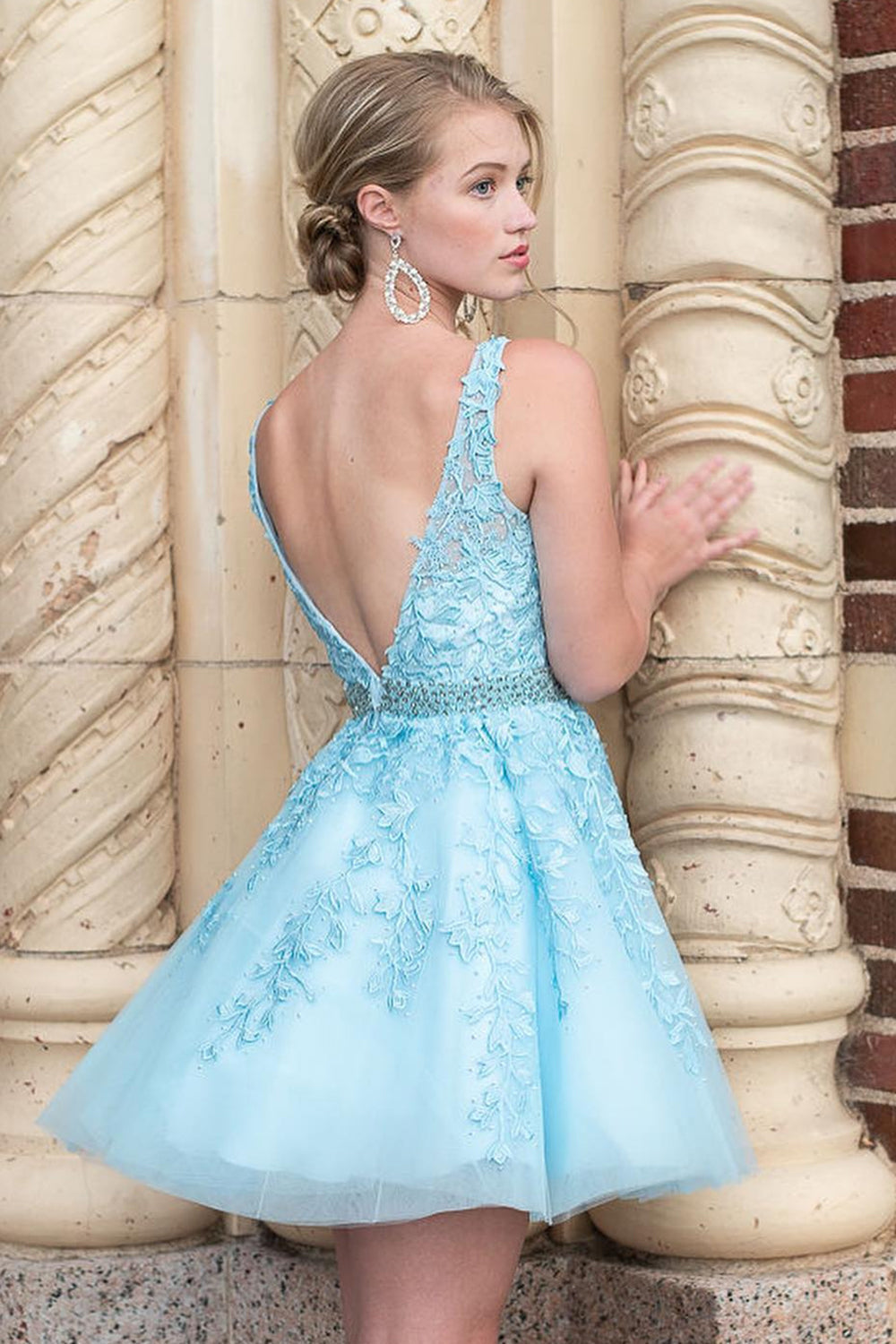 Cute A Line Deep V Neck Light Blue Short Homecoming Dress/Mini Dress with Appliques