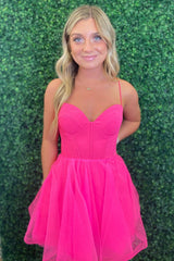 Fuchsia Spaghetti Straps Corset A-Line Short Tulle Homecoming Dress/Mini Dress