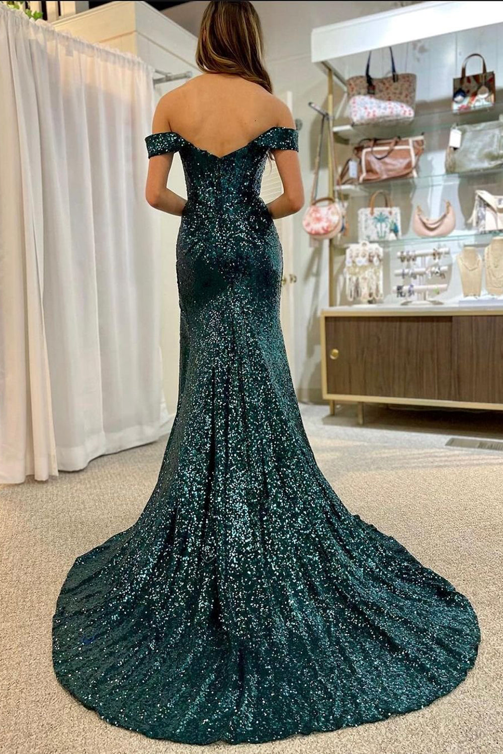Dark Green Sequined Long Prom Dress with Slit 鈥?Off-the-Shoulder Mermaid Glitter Gown