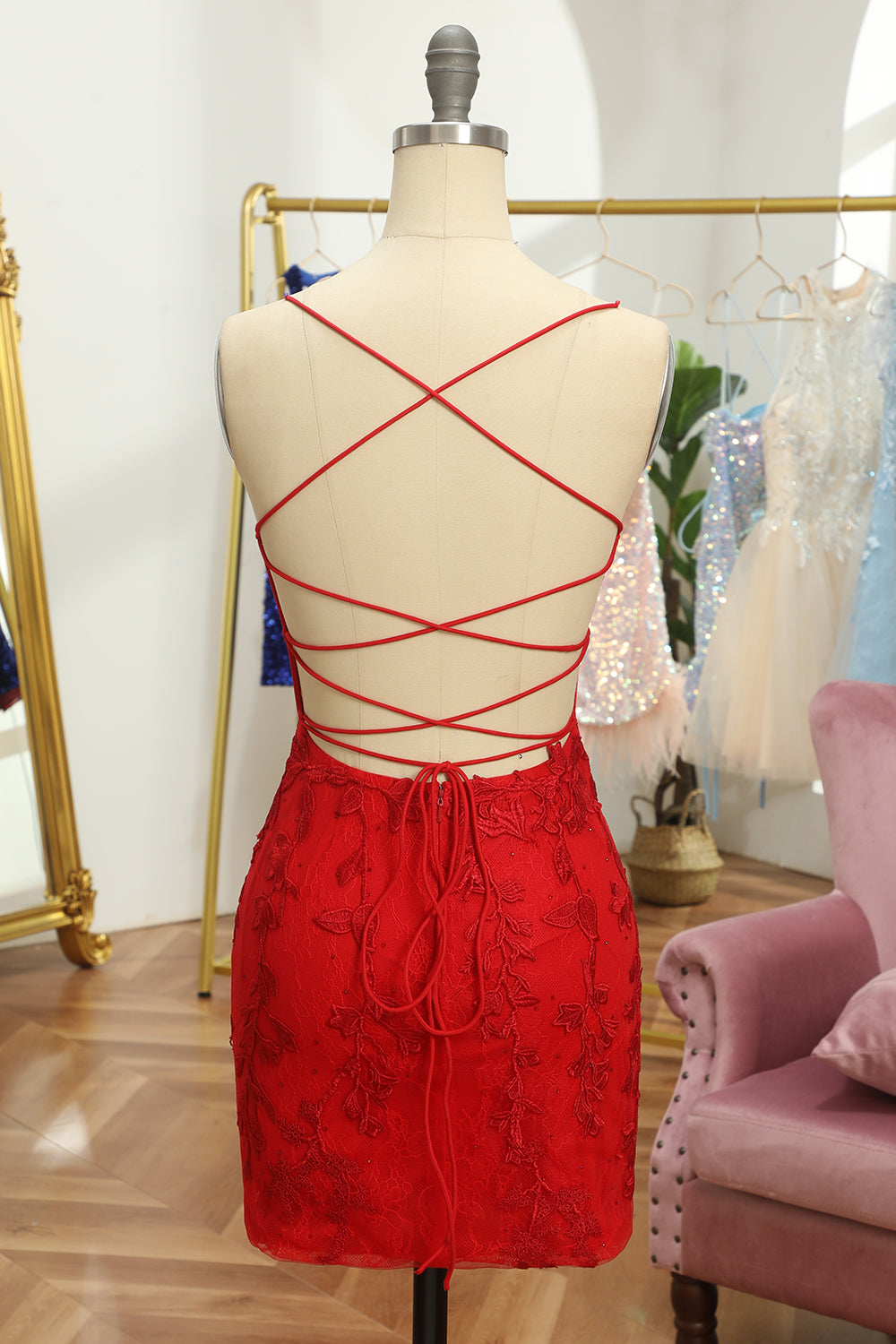 Champagne Spaghetti Straps Tight Short Homecoming Dress/Mini Dress with Appliques