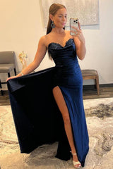Long Navy Blue Prom Dress with Front Split and A-Line Silhouette by Sweethaert