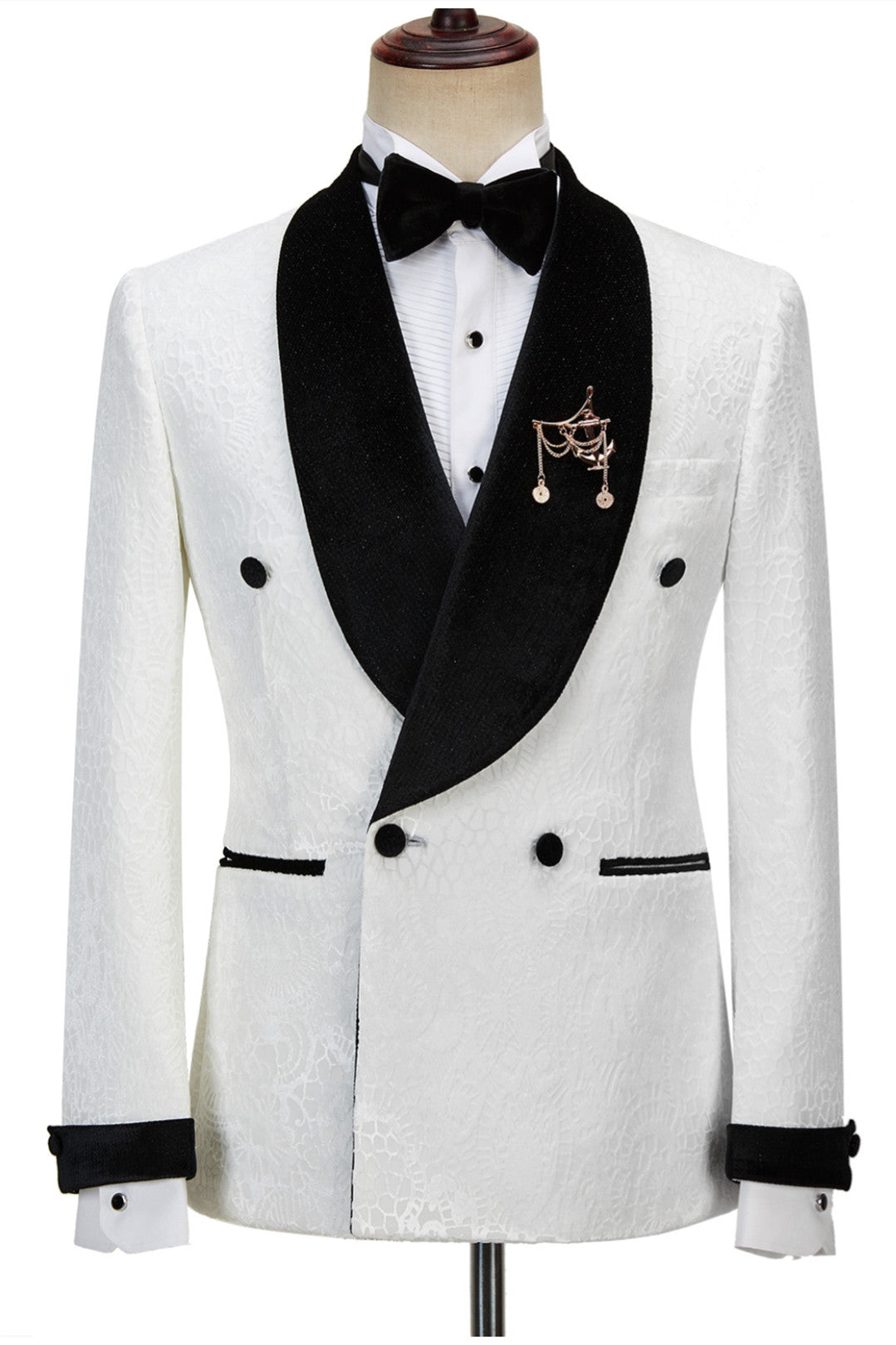 Fashion Double-Breasted White Sparkle Jacquard Shawl Lapel Reception Suit for Guys