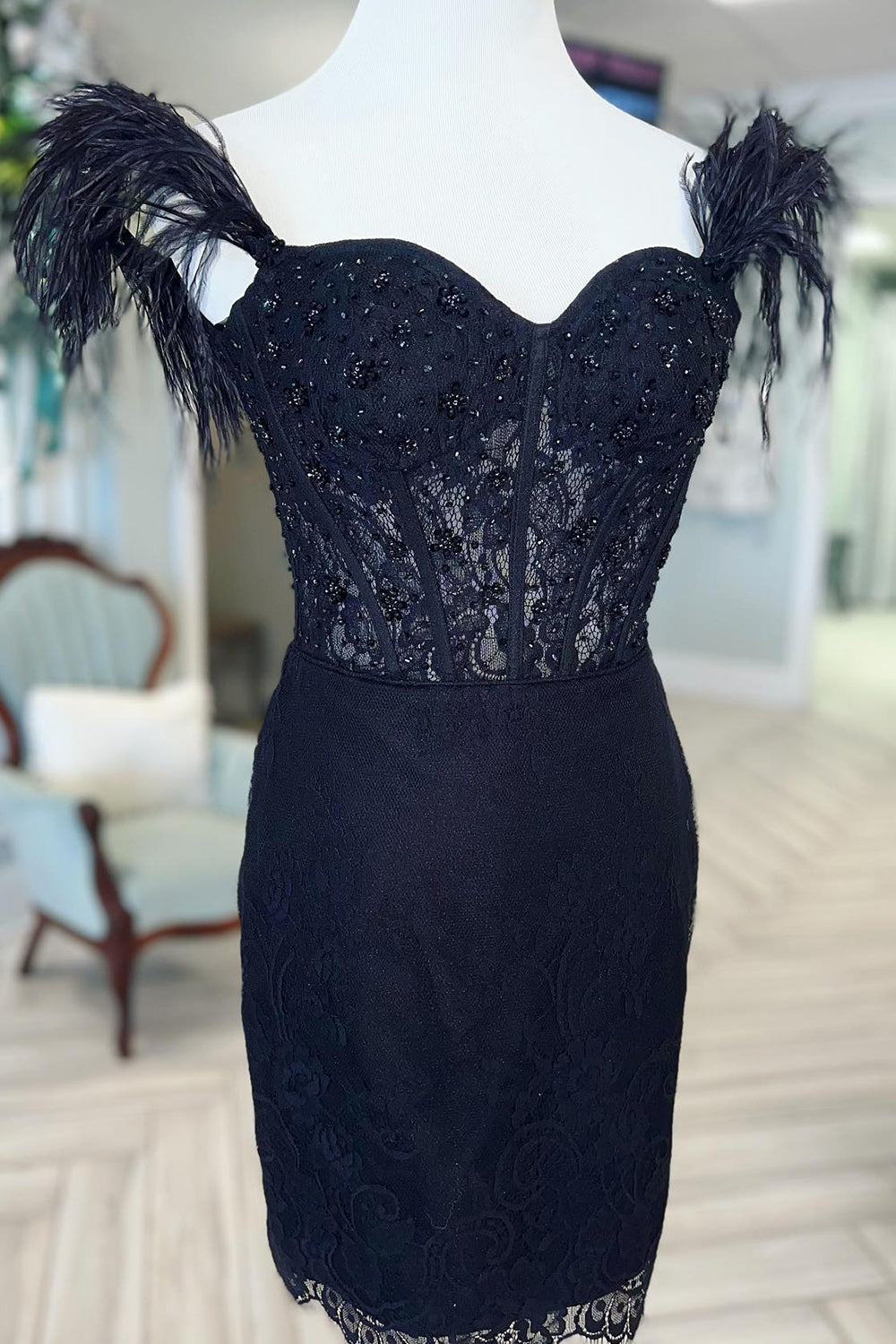 Sparkly Black Off The Shoulder Corset Tight Short Homecoming Dress/Mini Dress with Feathers