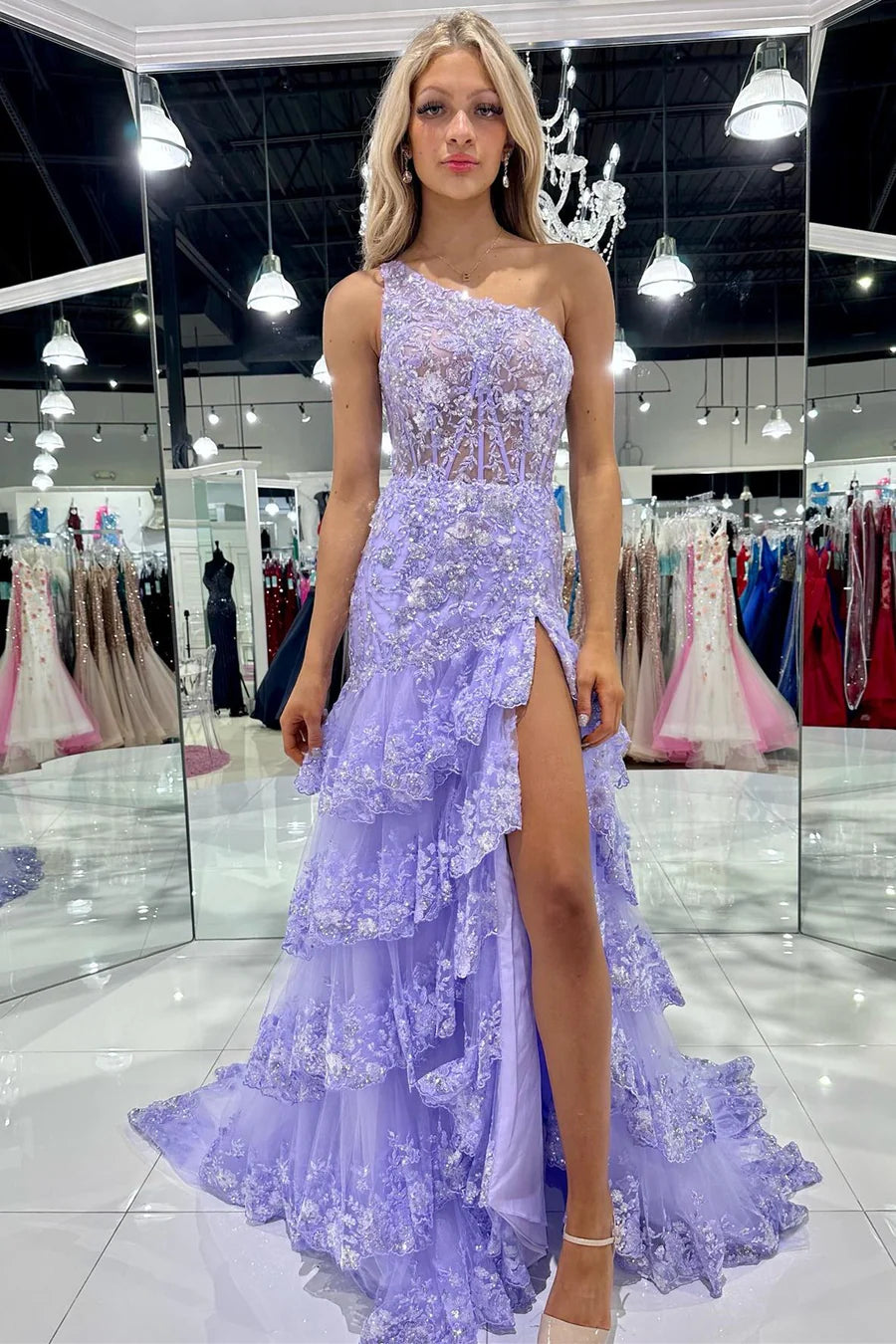 Navy Lace Corset Prom Dress with Sparkly Ruffles and One Shoulder A-Line