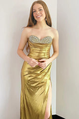 Long Strapless Prom Dress in Silver Metallic with Mermaid Cut and Beading