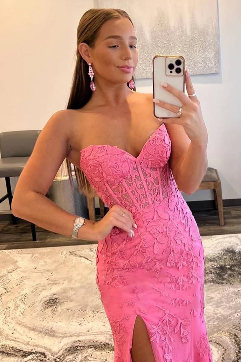 Long Black Sweetheart Corset Prom Dress Featuring Lace and a Slit