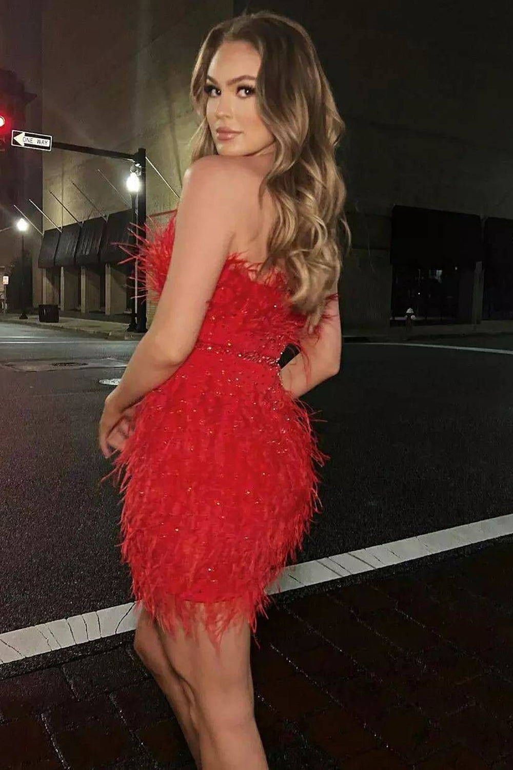 Sparkly Fuchsia Beaded Tight Short Homecoming Dress/Mini Dress with Feathers