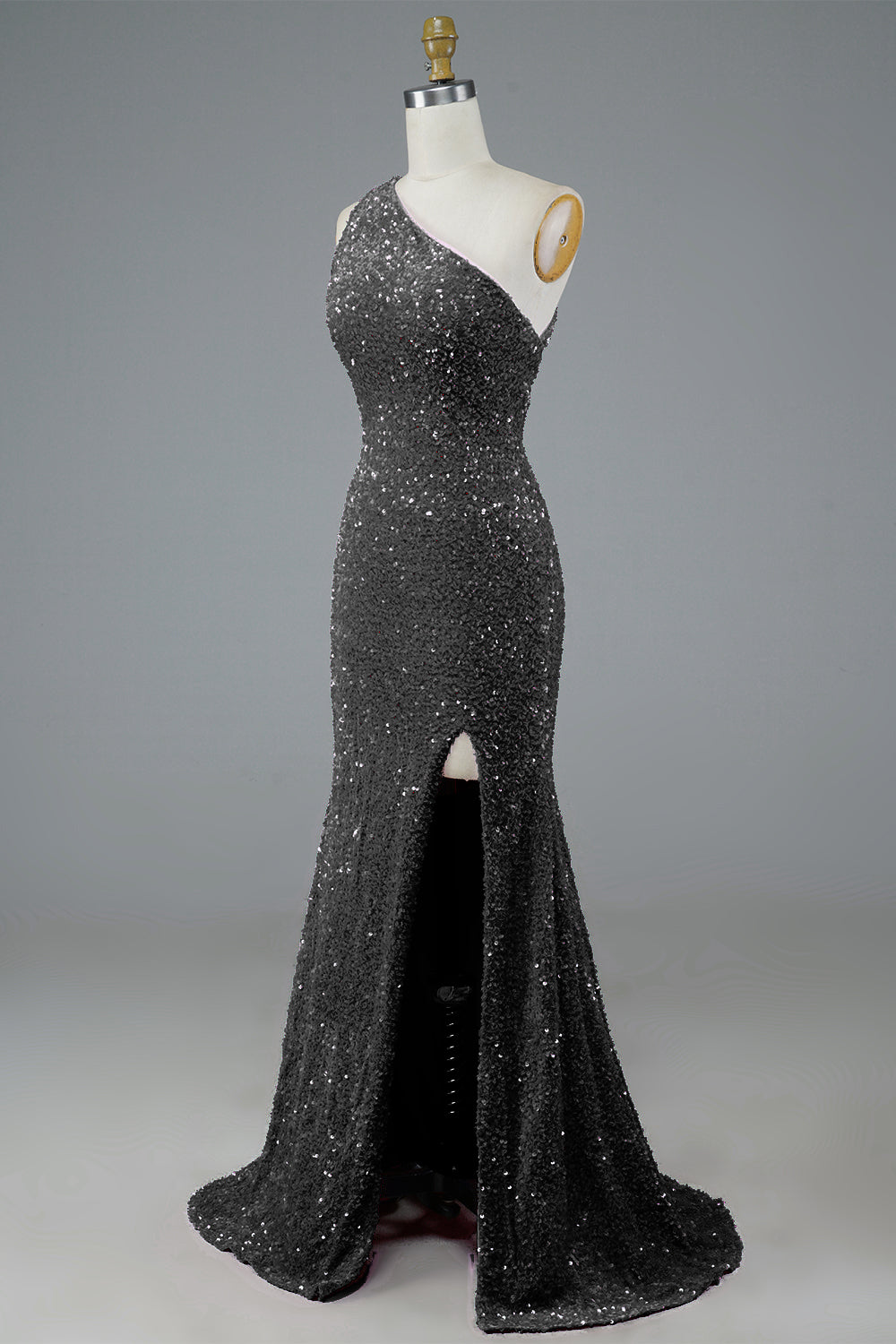 Long Black Glitter Prom Dress Featuring Sequins and a Slit