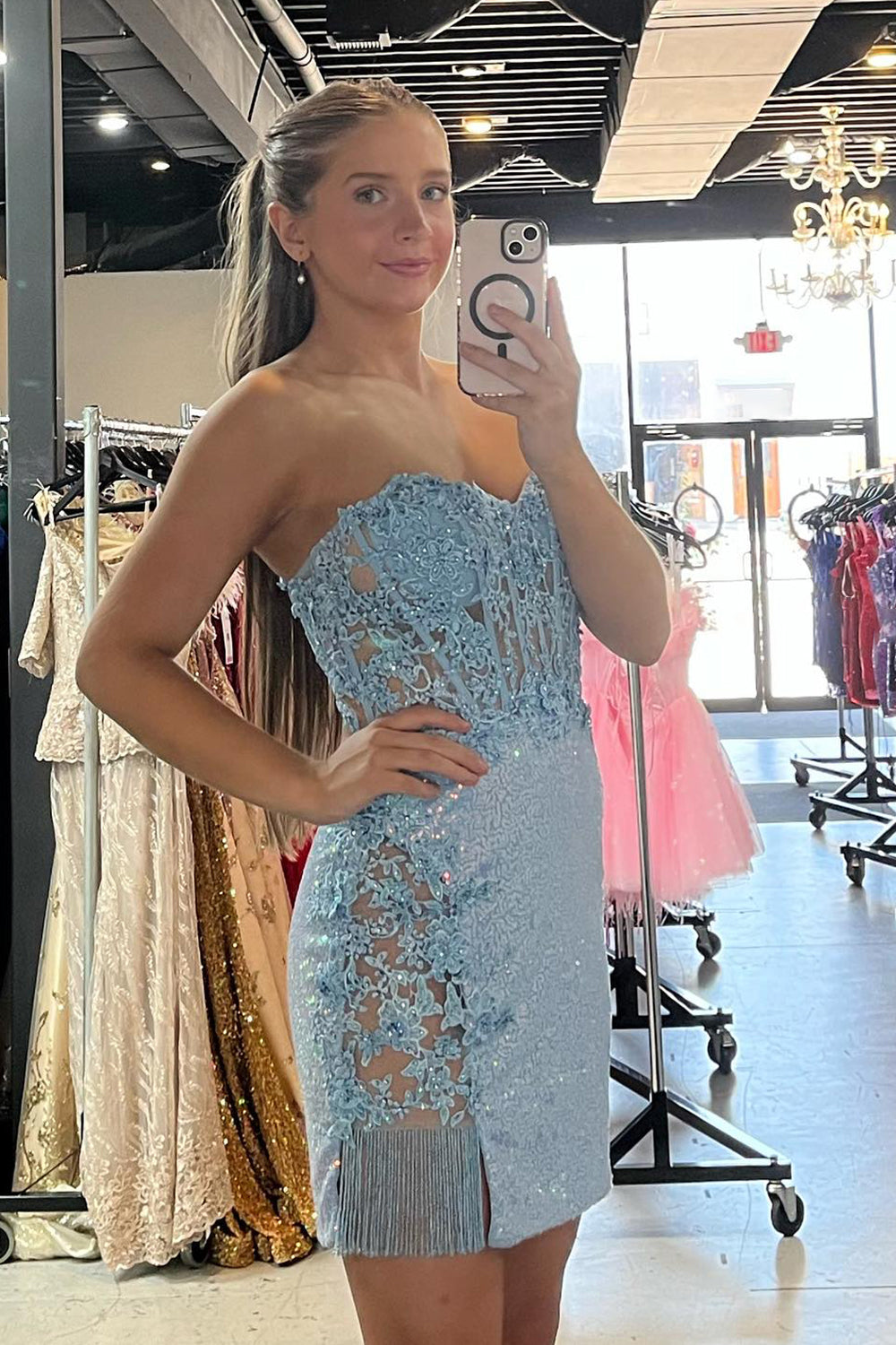 Glitter Blue Corset Floral Sequins Tight Short Homecoming Dress/Mini Dress with Fringes