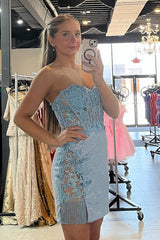 Glitter Blue Corset Floral Sequins Tight Short Homecoming Dress/Mini Dress with Fringes