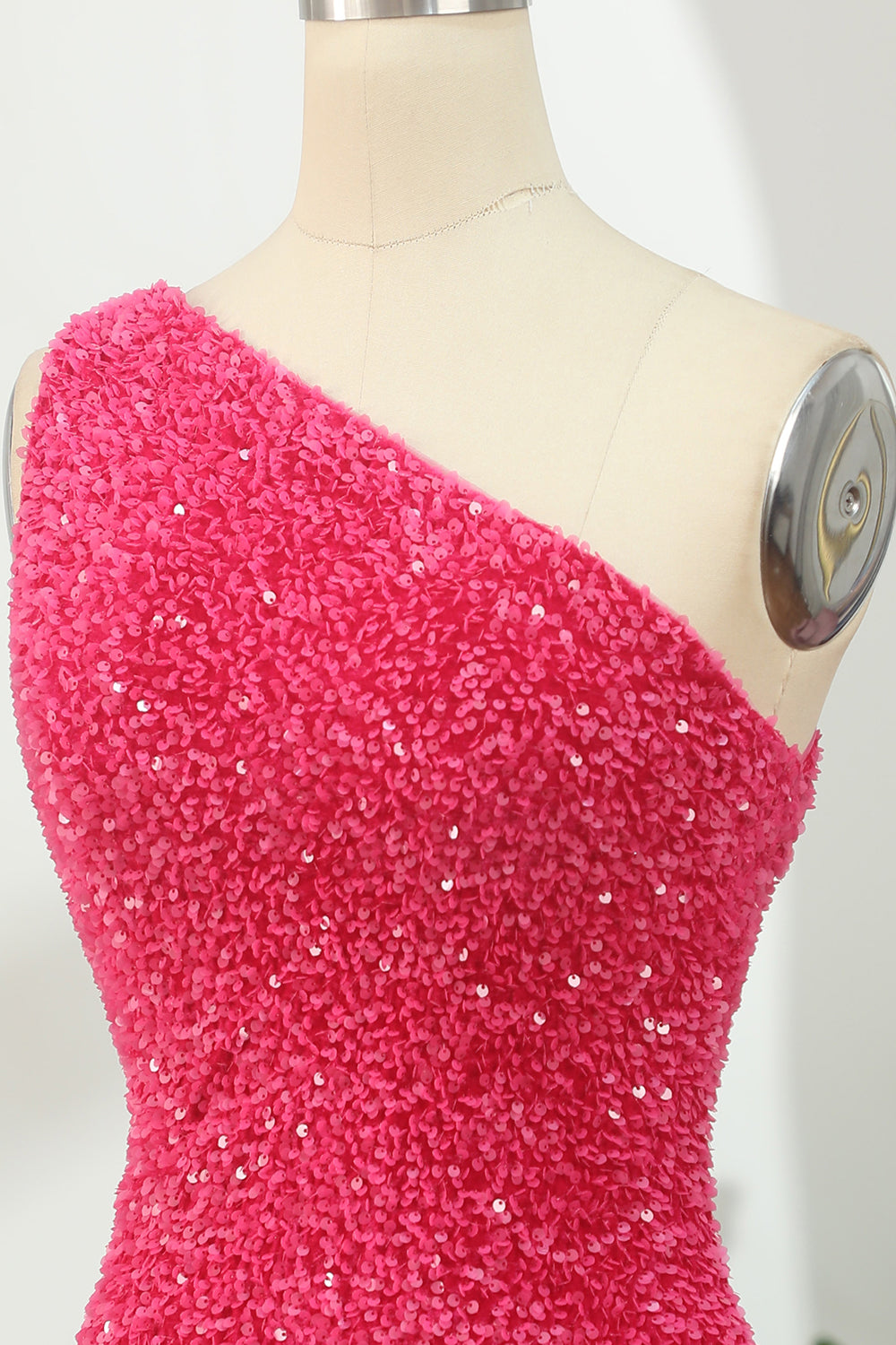 Hot Pink Open Sequins One Shoulder Tight Homecoming Dress/Mini Dress