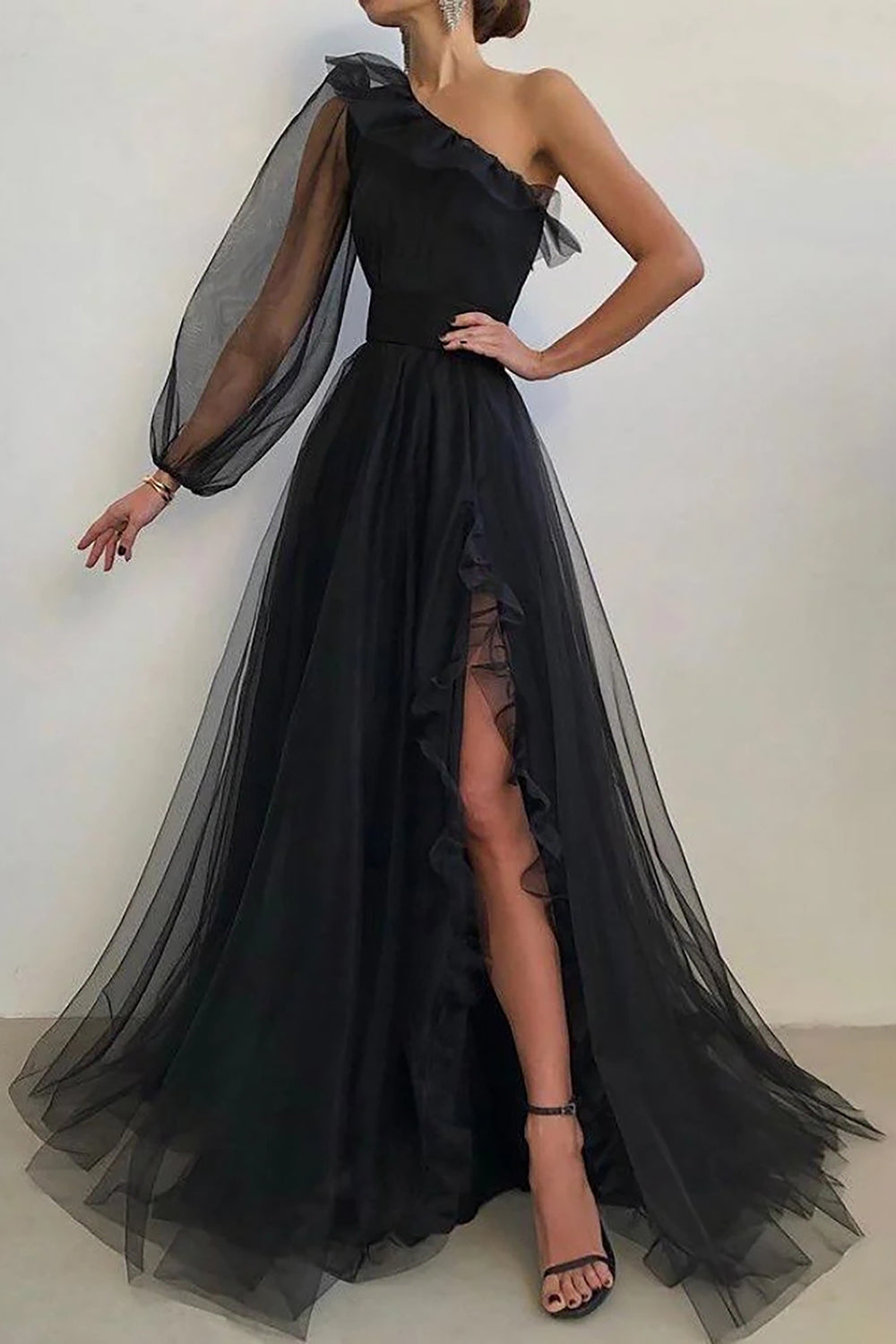 Black One Shoulder A-Line Long Sleeve Prom Gown