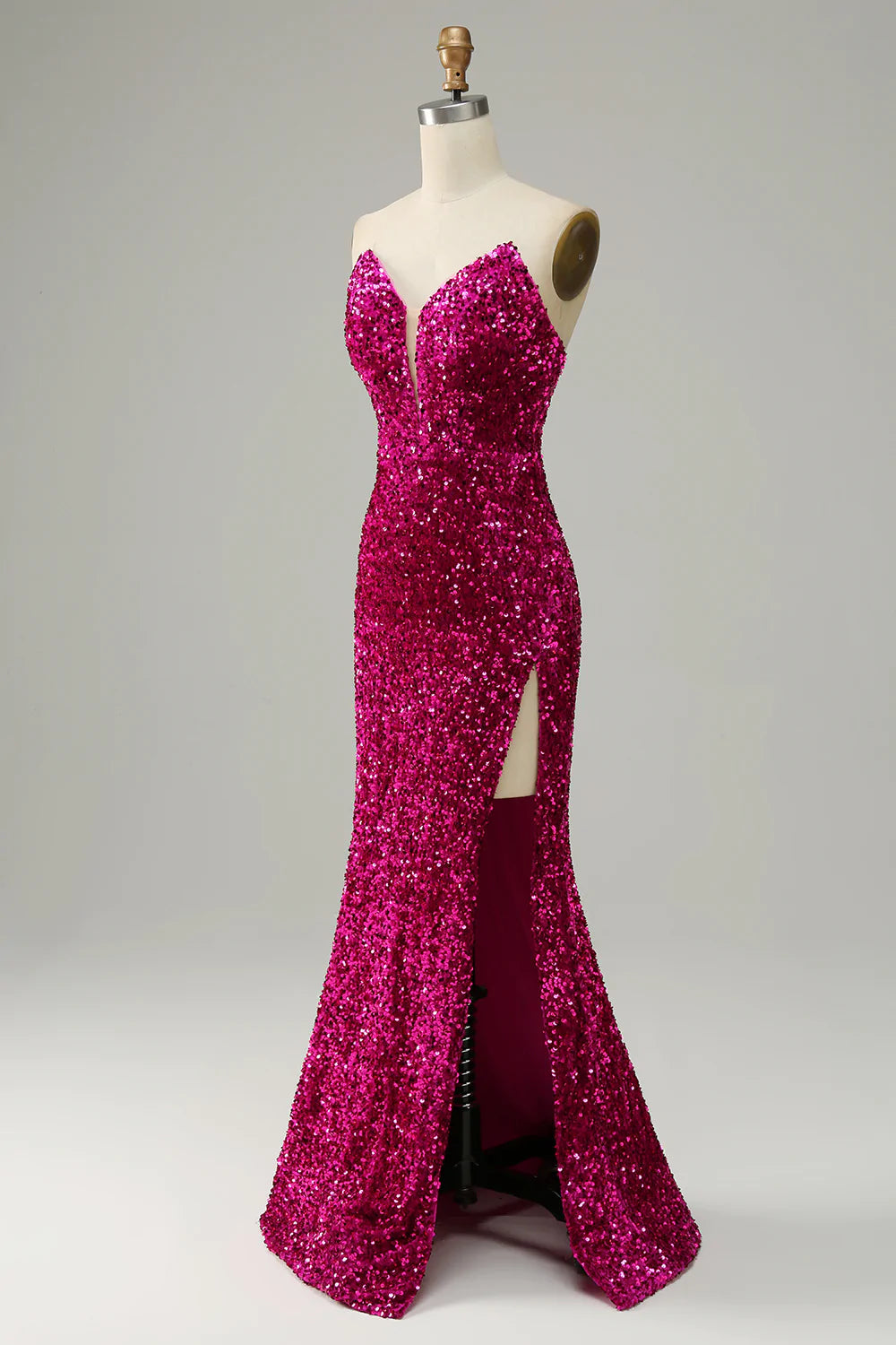 Strapless Sequin Prom Dress in Hot Pink Featuring a Slit