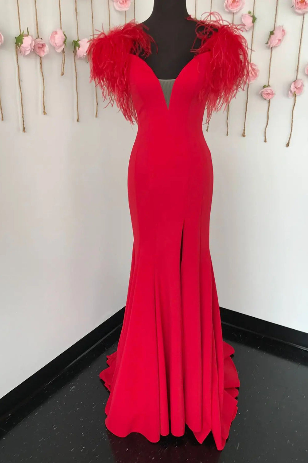 Long Red Prom Dress with Mermaid V Neck and Feathers