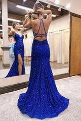 Royal Blue Sequined Mermaid Prom Dress with Slit and Halter Neck