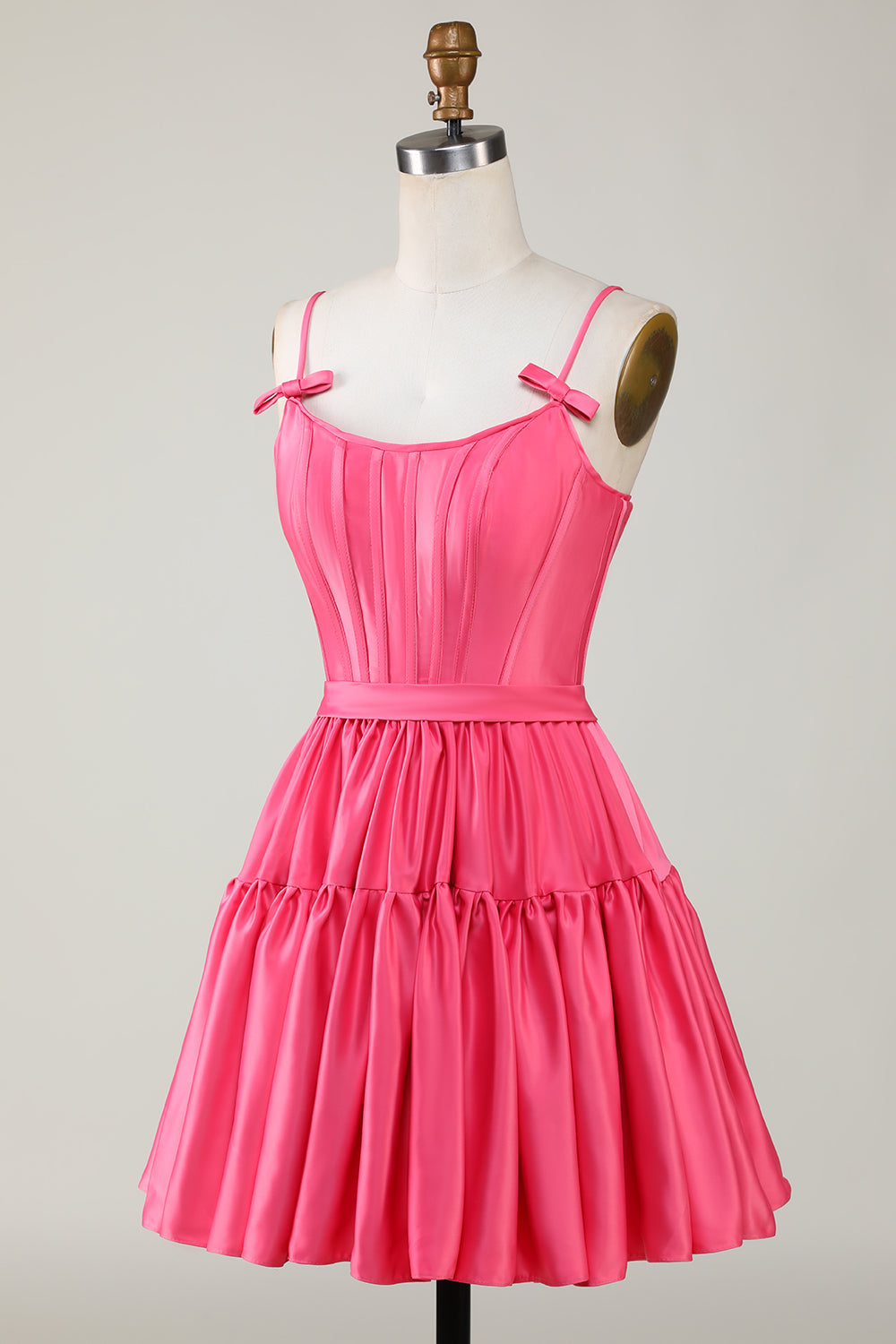 Fuchsia Spaghetti Straps Lace-Up Back A-Line Short Satin Homecoming Dress/Mini Dress
