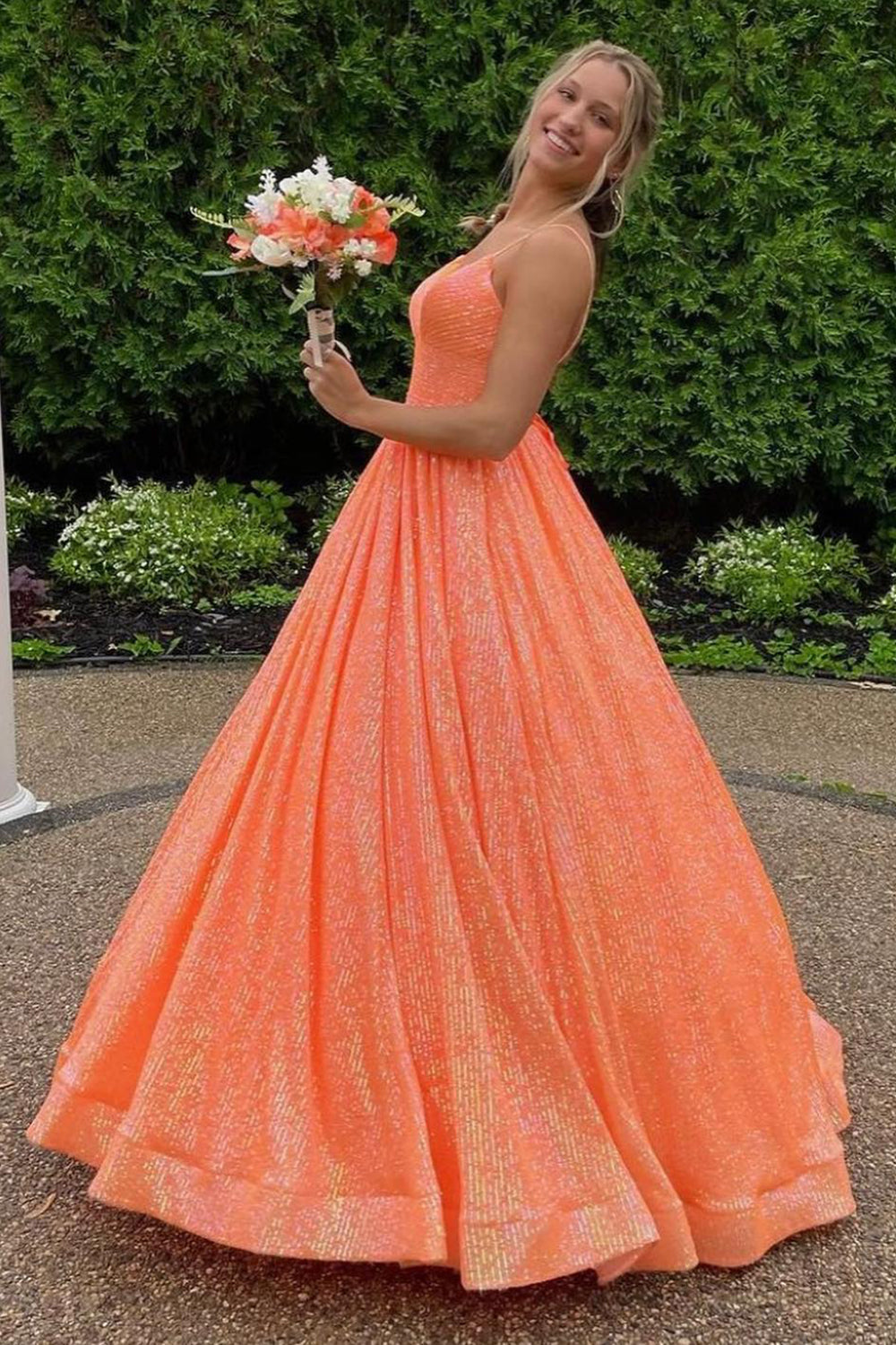 Long A-Line Prom Dress with Fuchsia Sequins and Spaghetti Straps