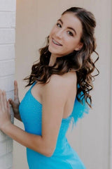 Sparkly Blue Sequined One Shoulder Tight Short Homecoming Dress/Mini Dress with Feathers