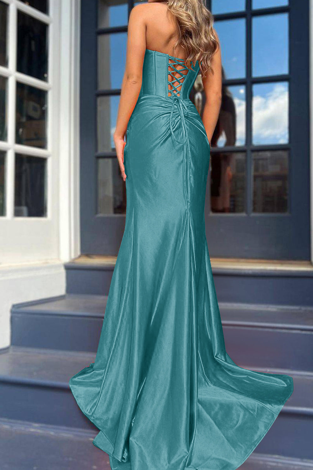 Orange Strapless Mermaid Corset Prom Dress Featuring a Front Split