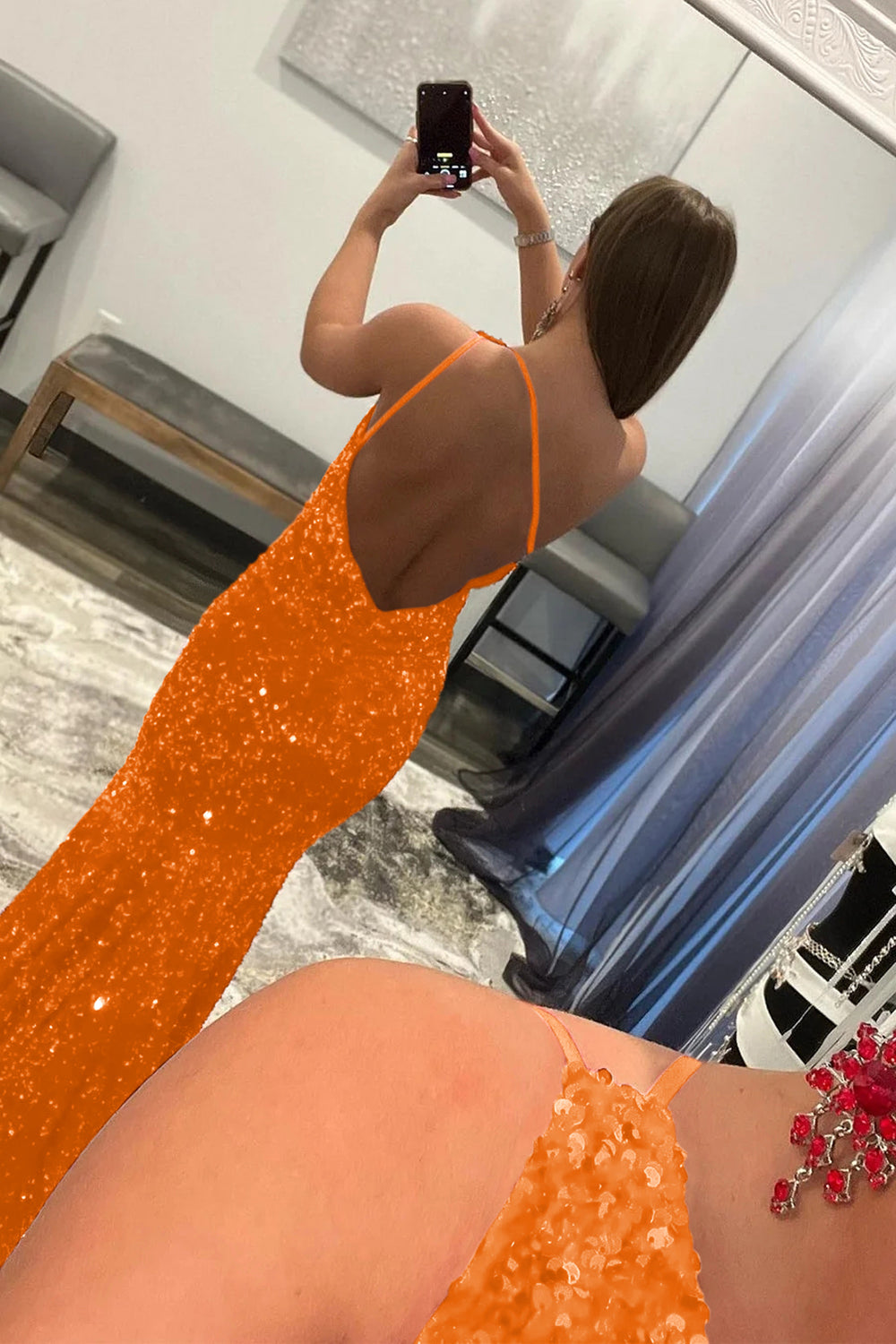 Long Burgundy Prom Dress with Mermaid Sequins
