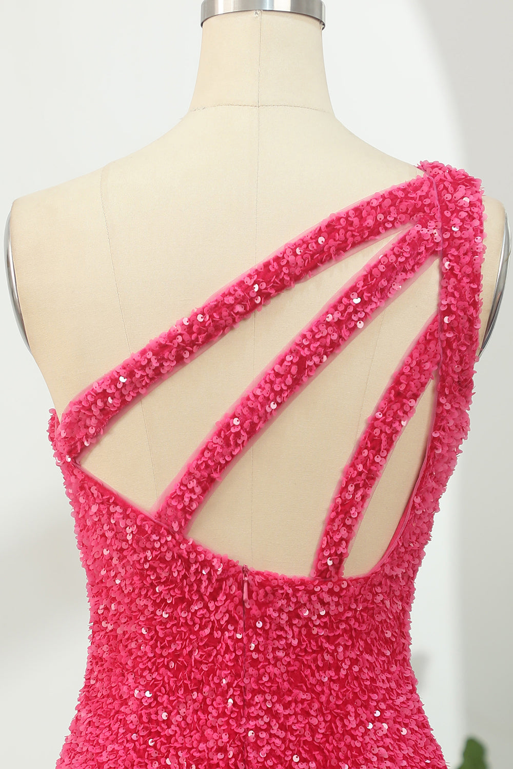 Hot Pink Open Sequins One Shoulder Tight Homecoming Dress/Mini Dress