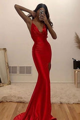 Long Red Prom Dress with Mermaid Spaghetti Straps