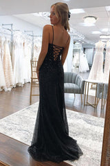 Black Sequins Long Prom Dress with Mermaid Spaghetti Straps and Criss Cross Back